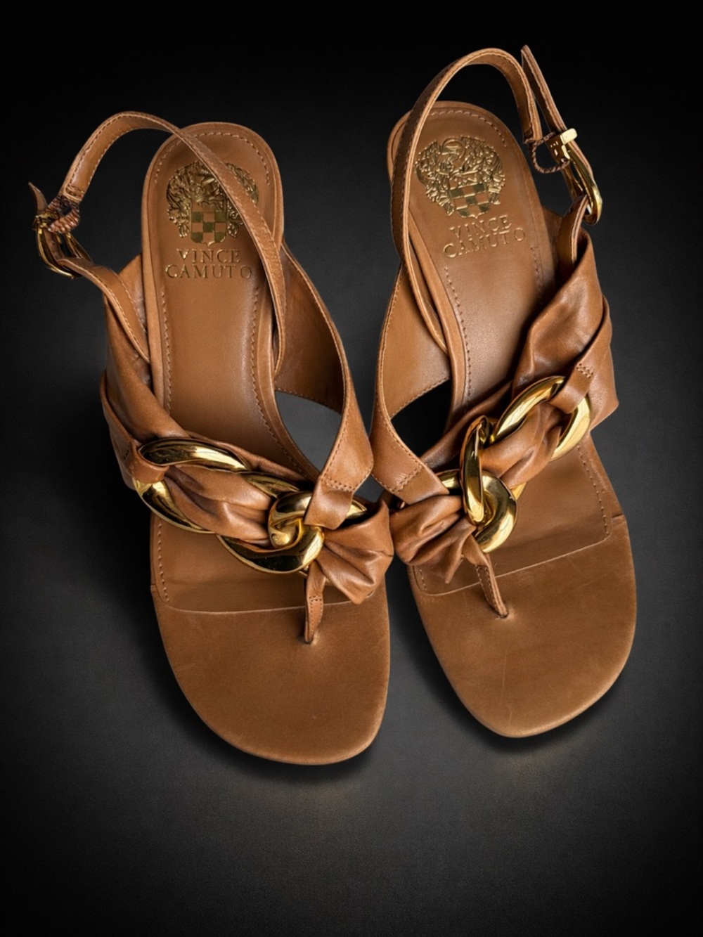Vince Camuto Brown Leather Chain-Accent Slingback Sandals Size 8.5
